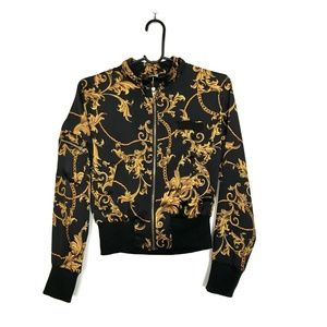 Bomber Jacket Damask Pattern Black Gold